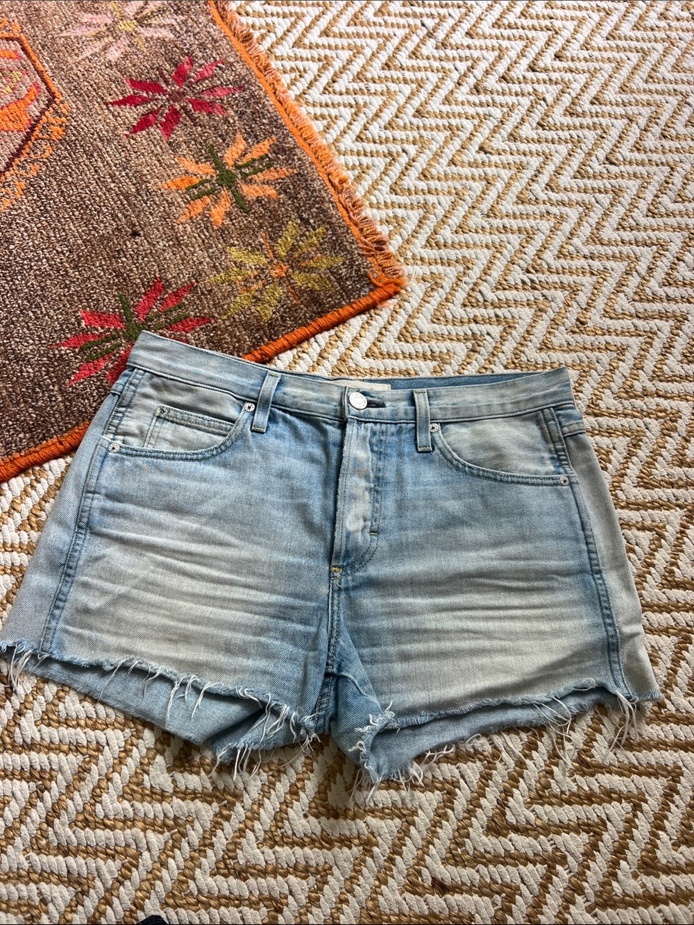 AMO Light Blue Denim Cutoff Shorts with Frayed Hem